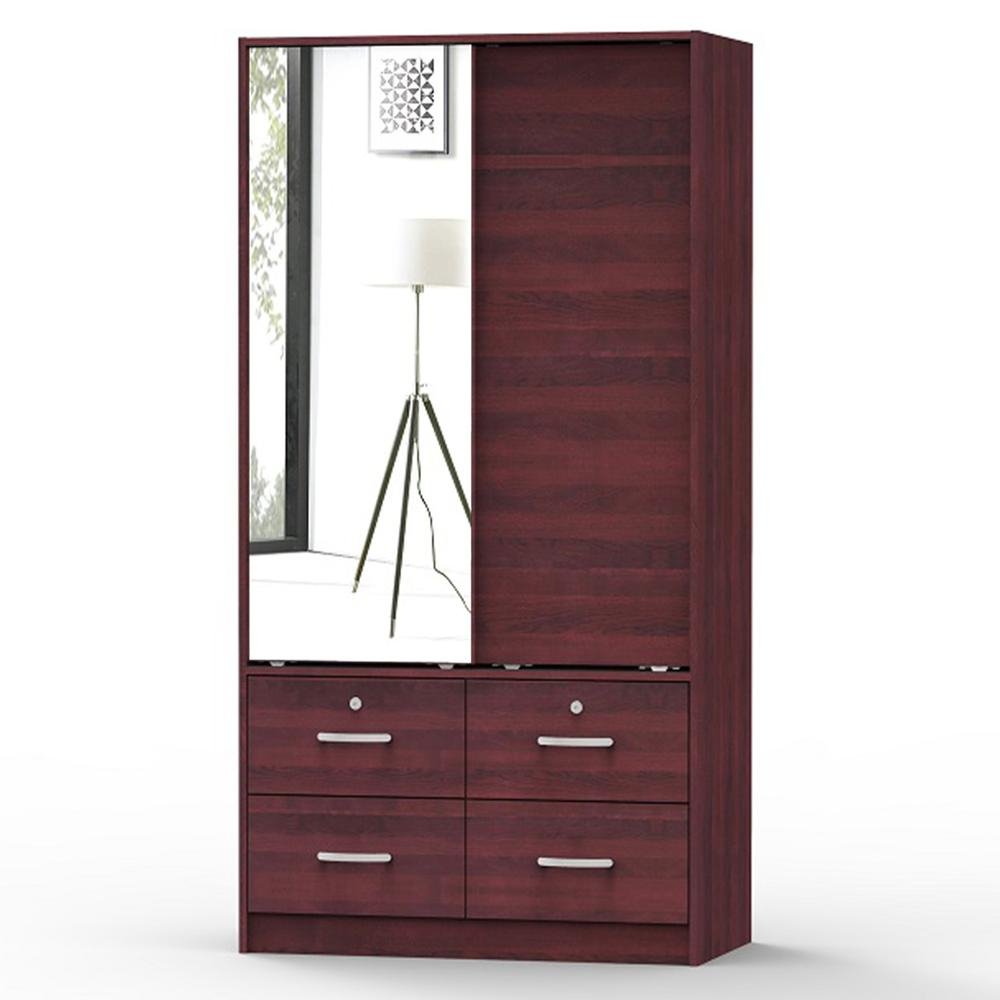 Sarah Double Sliding Door Armoire with Mirror in Mahogany - Ethereal Company