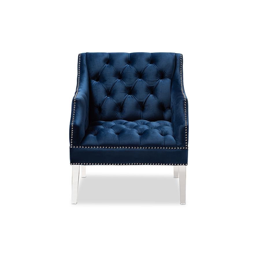 Silvana Navy Velvet Fabric Upholstered Lounge Chair with Acrylic Legs - Ethereal Company