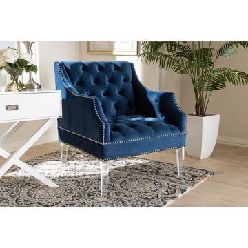 Silvana Navy Velvet Fabric Upholstered Lounge Chair with Acrylic Legs - Ethereal Company