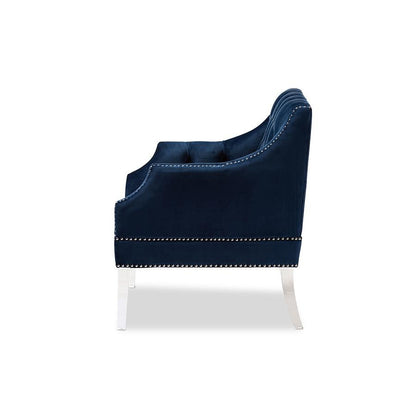 Silvana Navy Velvet Fabric Upholstered Lounge Chair with Acrylic Legs - Ethereal Company