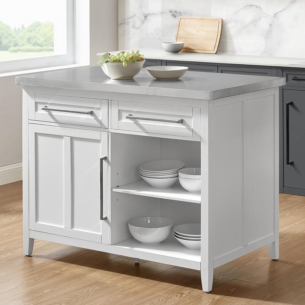 Silvia Stainless Steel Top Kitchen Island White/Stainless Steel - Ethereal Company