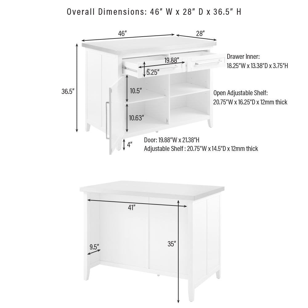 Silvia Stainless Steel Top Kitchen Island White/Stainless Steel - Ethereal Company