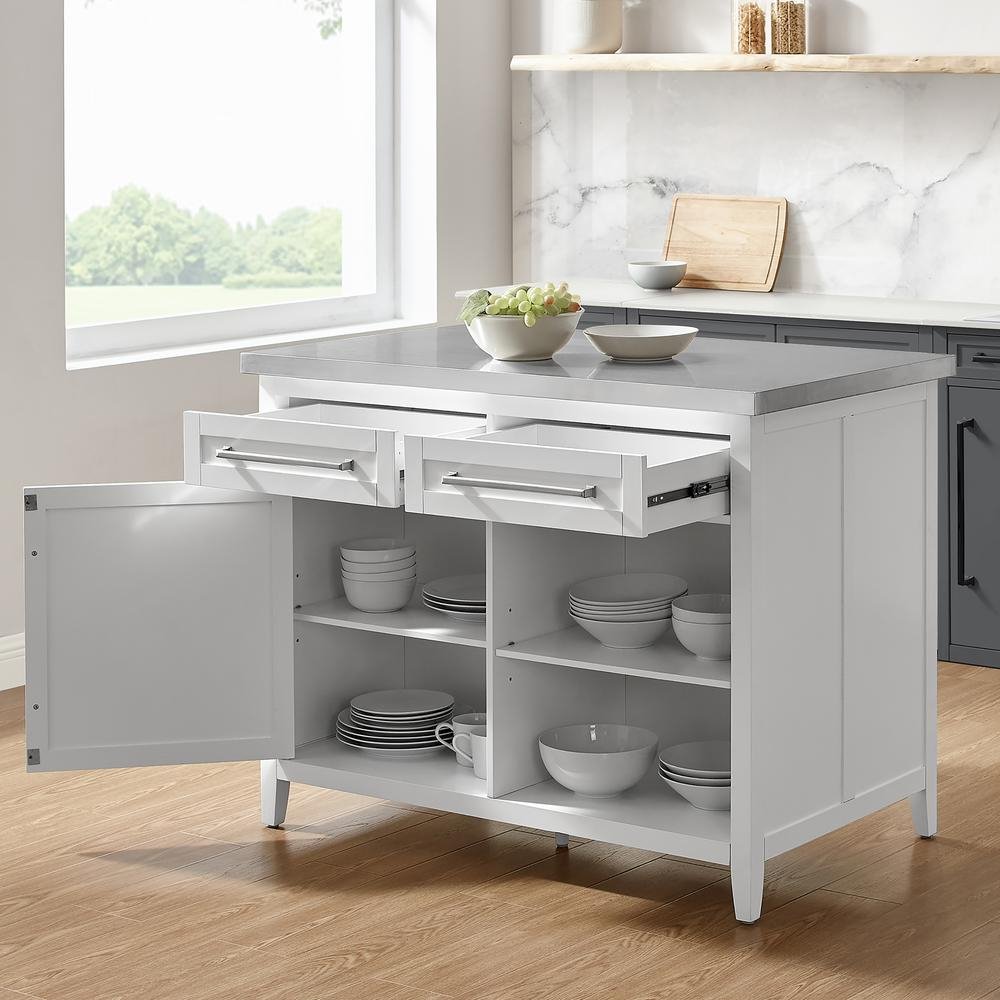 Silvia Stainless Steel Top Kitchen Island White/Stainless Steel - Ethereal Company