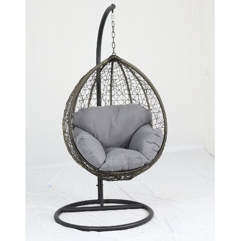 Simona Patio Swing Chair with Stand, Beige Fabric &amp; Black Wicker - Ethereal Company