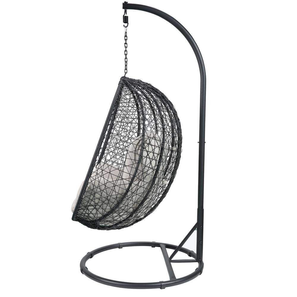 Simona Patio Swing Chair with Stand, Beige Fabric &amp; Black Wicker - Ethereal Company