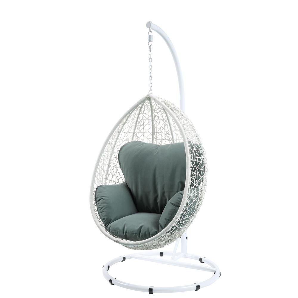 Simona Patio Swing Chair with Stand, Beige Fabric &amp; Black Wicker - Ethereal Company