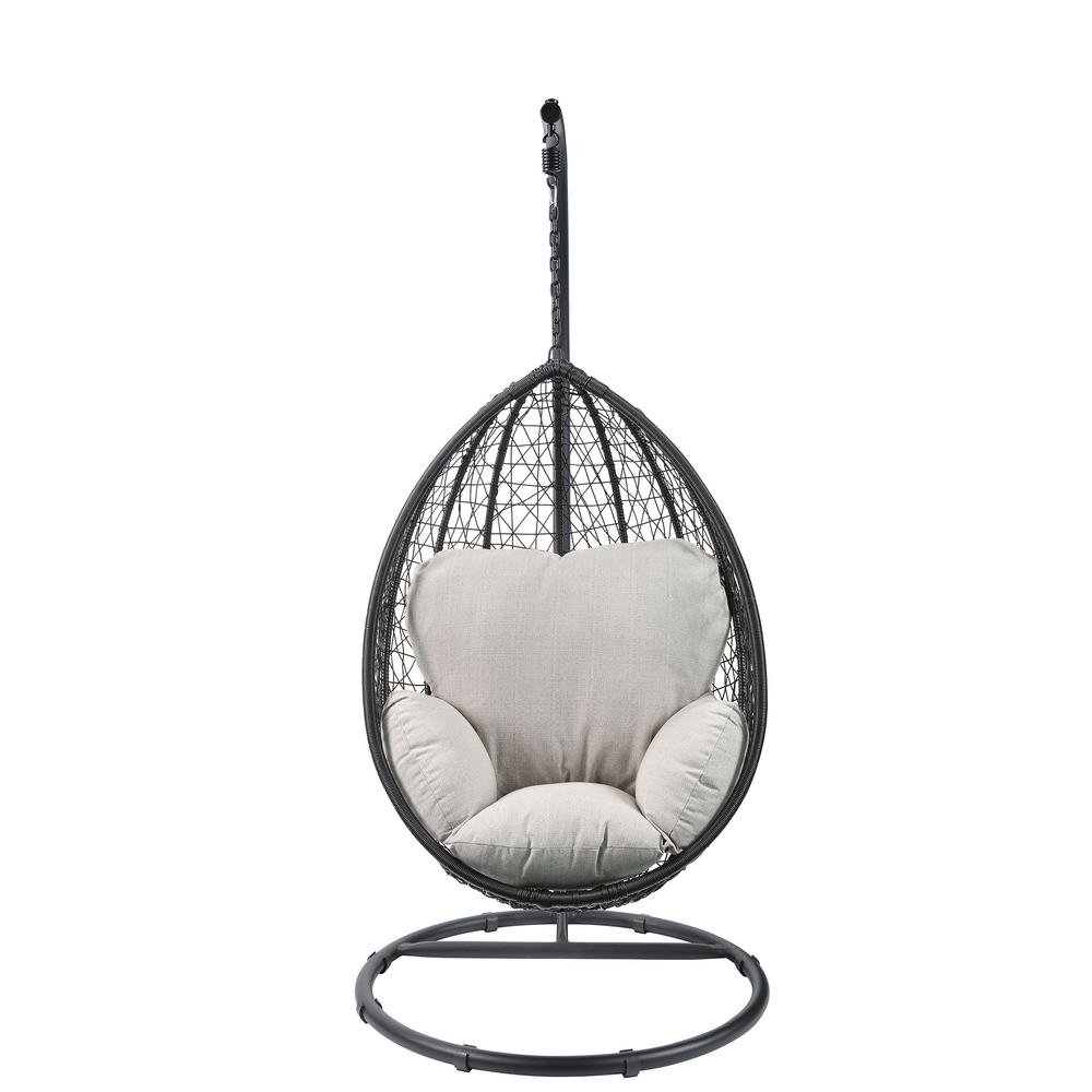 Simona Patio Swing Chair with Stand, Beige Fabric &amp; Black Wicker - Ethereal Company