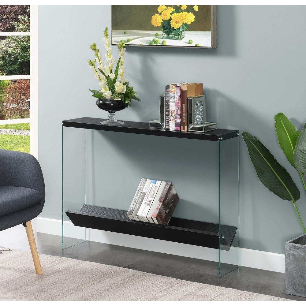 SoHo V Console Table with Shelf, Black/Glass - Ethereal Company