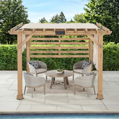 Sunjoy 10 x 11 ft Cedar Wood Frame Pergola with Adjustable Canopy&amp;Privacy Screen - Ethereal Company