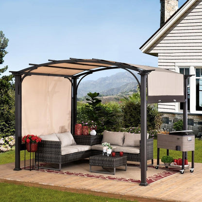 Sunjoy 9.5 ft. x 11 ft. Brown Steel Arched Pergola with 2-Tone Adjustable Shade - Ethereal Company
