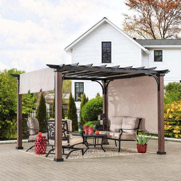 Sunjoy SummerCove 11 ft. x 11 ft. Steel Pergola with Natural Wood Looking Finish and Adjustable Tan Shade - Ethereal Company