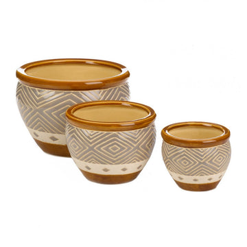 Tan Ceramic Diamond Pattern Planter Set - Ethereal Company