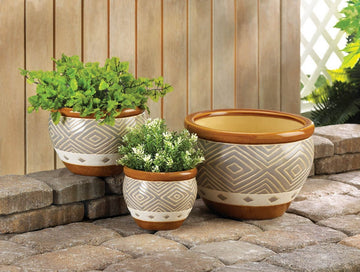 Tan Ceramic Diamond Pattern Planter Set - Ethereal Company