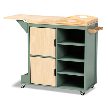 Two-tone Dark Green and Natural Wood Kitchen Storage Cart - Ethereal Company