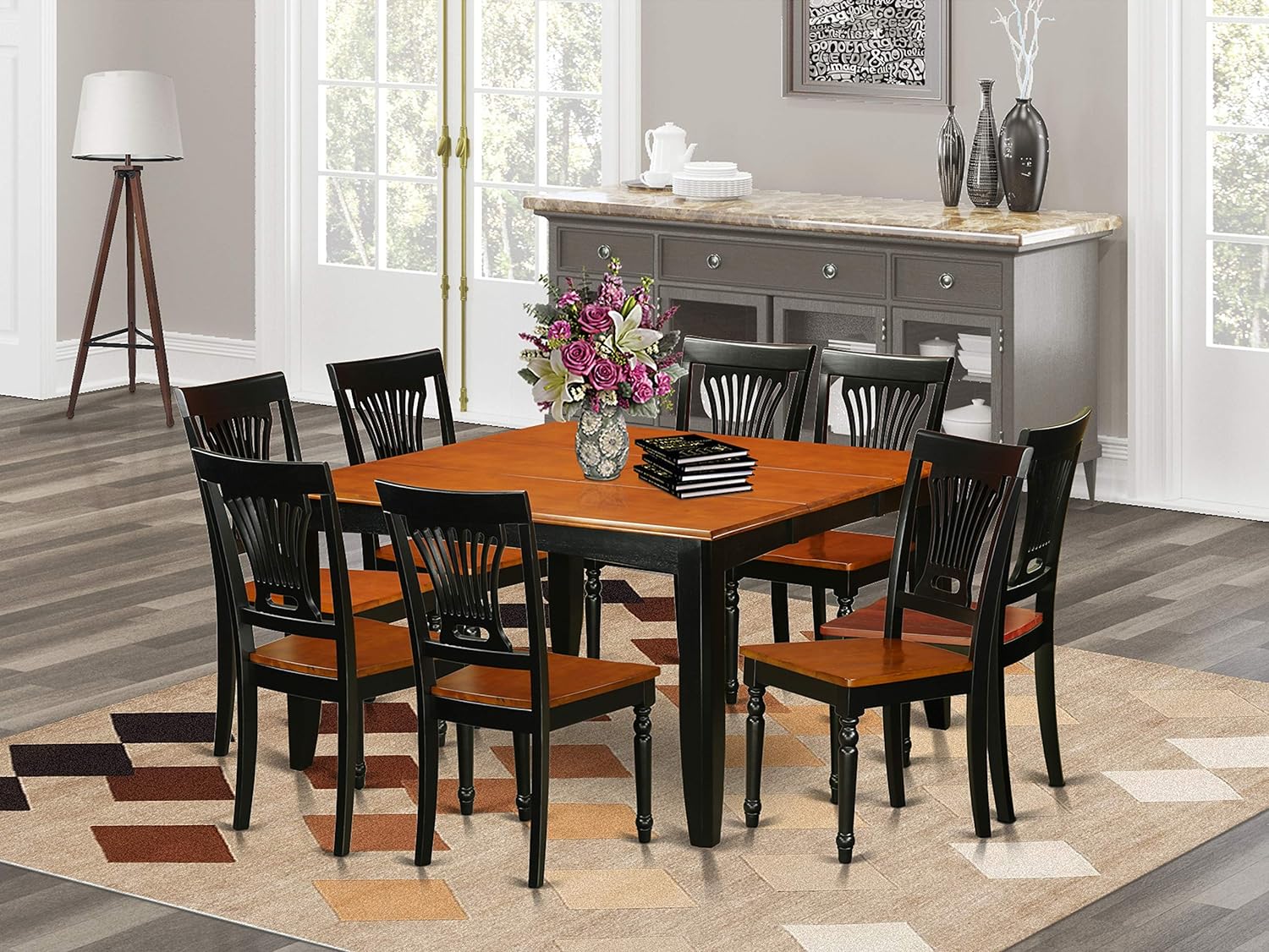 Vanderbilt Square Dining Table/8 Wood Dining Chairs/Black &amp; Cherry Finish - Ethereal Company