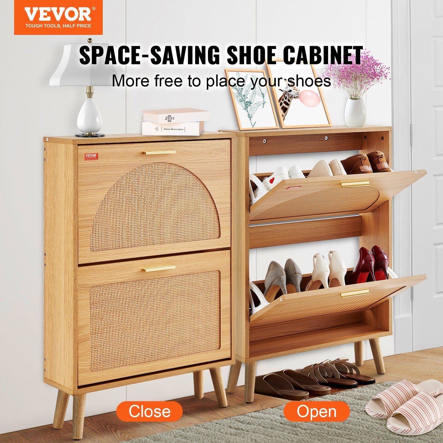 VEVOR Shoe Cabinet with 2 Flip Drawers, Shoe Storage Cabinet for Entryway, Free Standing Shoe Storage Organizer with Rattan Doors for Heels, Boots, Slippers in Hallway, Living Room - Ethereal Company