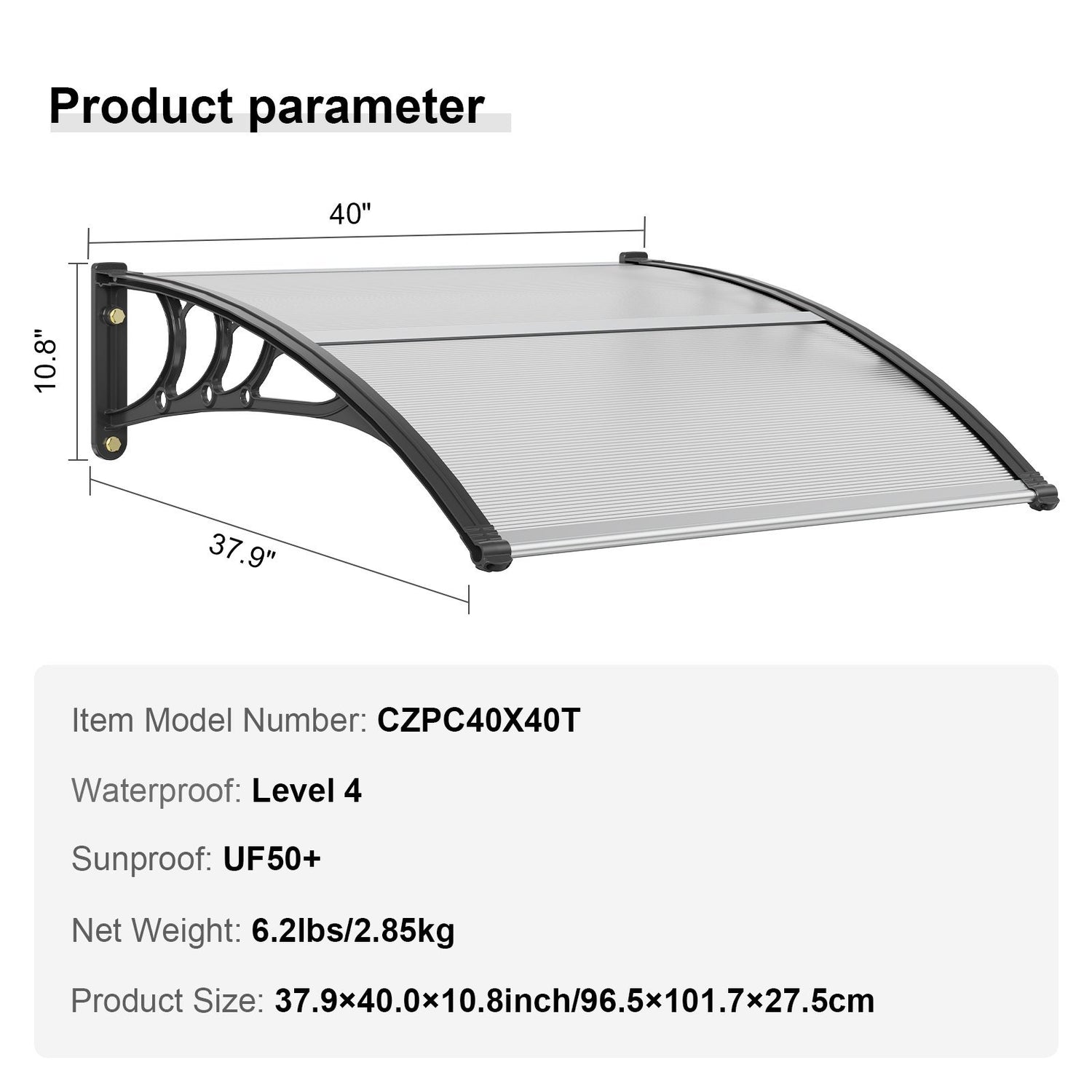 VEVOR Window Door Awning Canopy 40&quot; x 40&quot;, UPF 50+ Polycarbonate Entry Door Outdoor Window Awning Exterior, Front Door Overhang Awning for Sun Shutter, UV, Rain, Snow Protection, Hollow Sheet - Ethereal Company