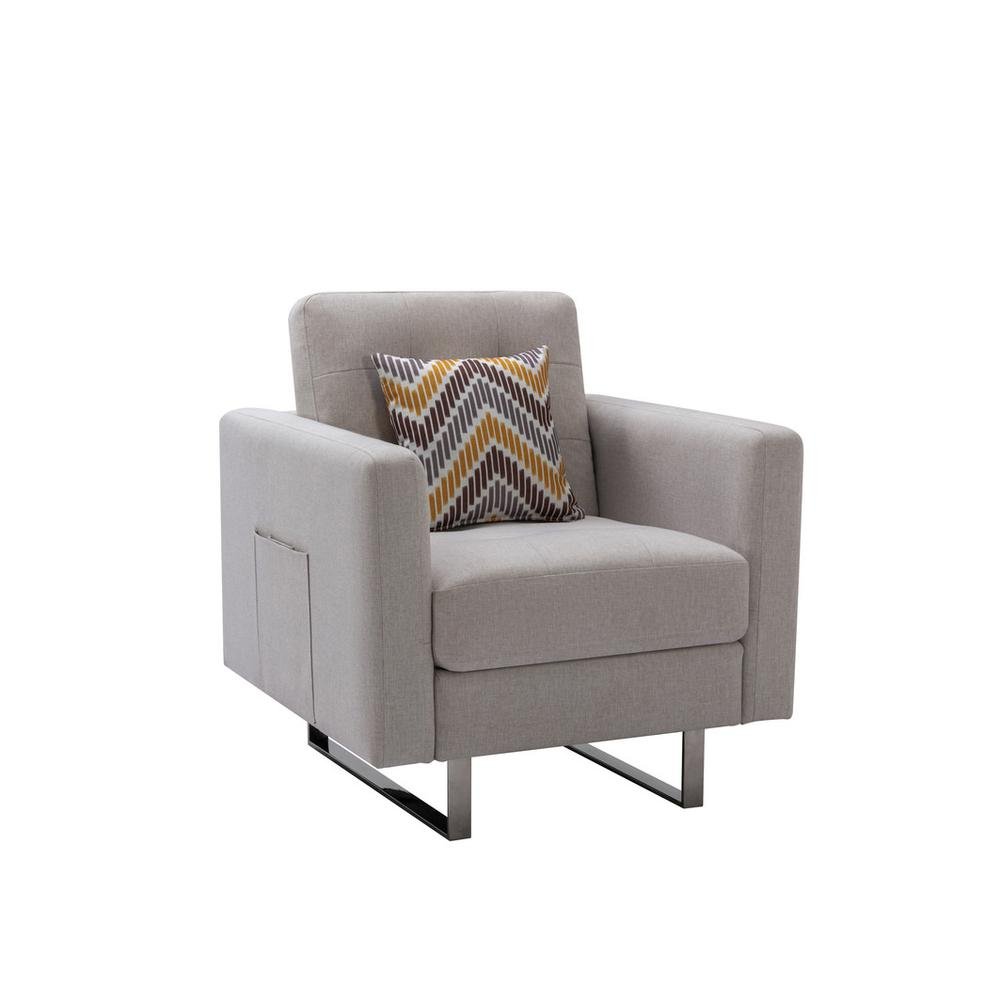 Victoria Beige Linen Fabric Armchair with Metal Legs, Side Pockets, and Pillow - Ethereal Company