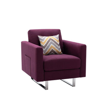 Victoria Purple Linen Fabric Armchair with Metal Legs, Side Pockets, and Pillow - Ethereal Company