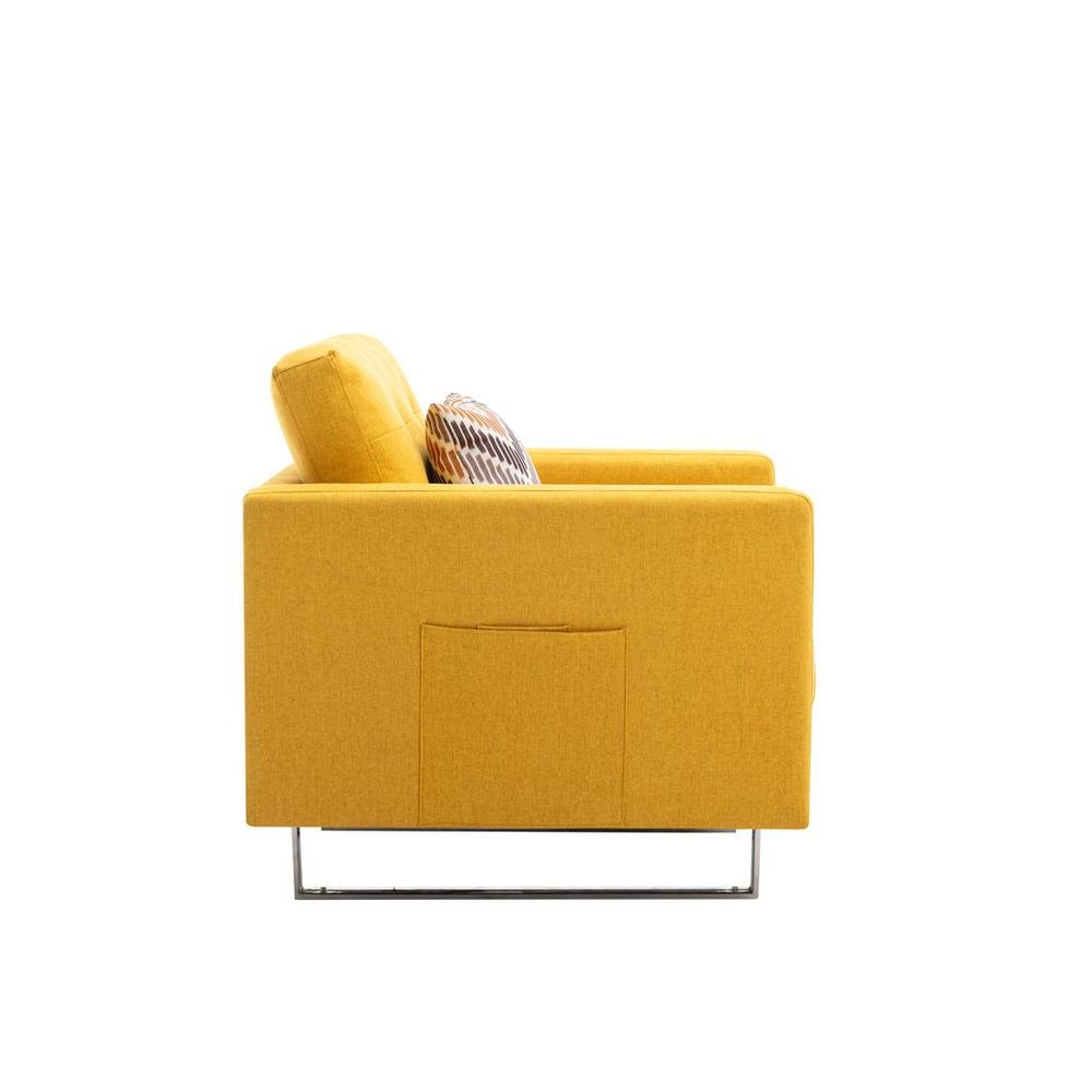Victoria Yellow Linen Fabric Armchair with Metal Legs, Side Pockets, and Pillow - Ethereal Company