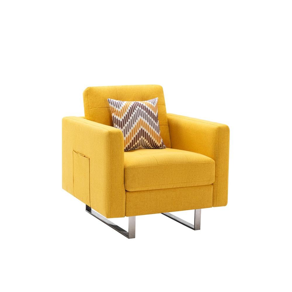 Victoria Yellow Linen Fabric Armchair with Metal Legs, Side Pockets, and Pillow - Ethereal Company