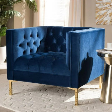 Zanetta Luxe and Glamour Navy Velvet Upholstered Gold Finished Lounge Chair - Ethereal Company